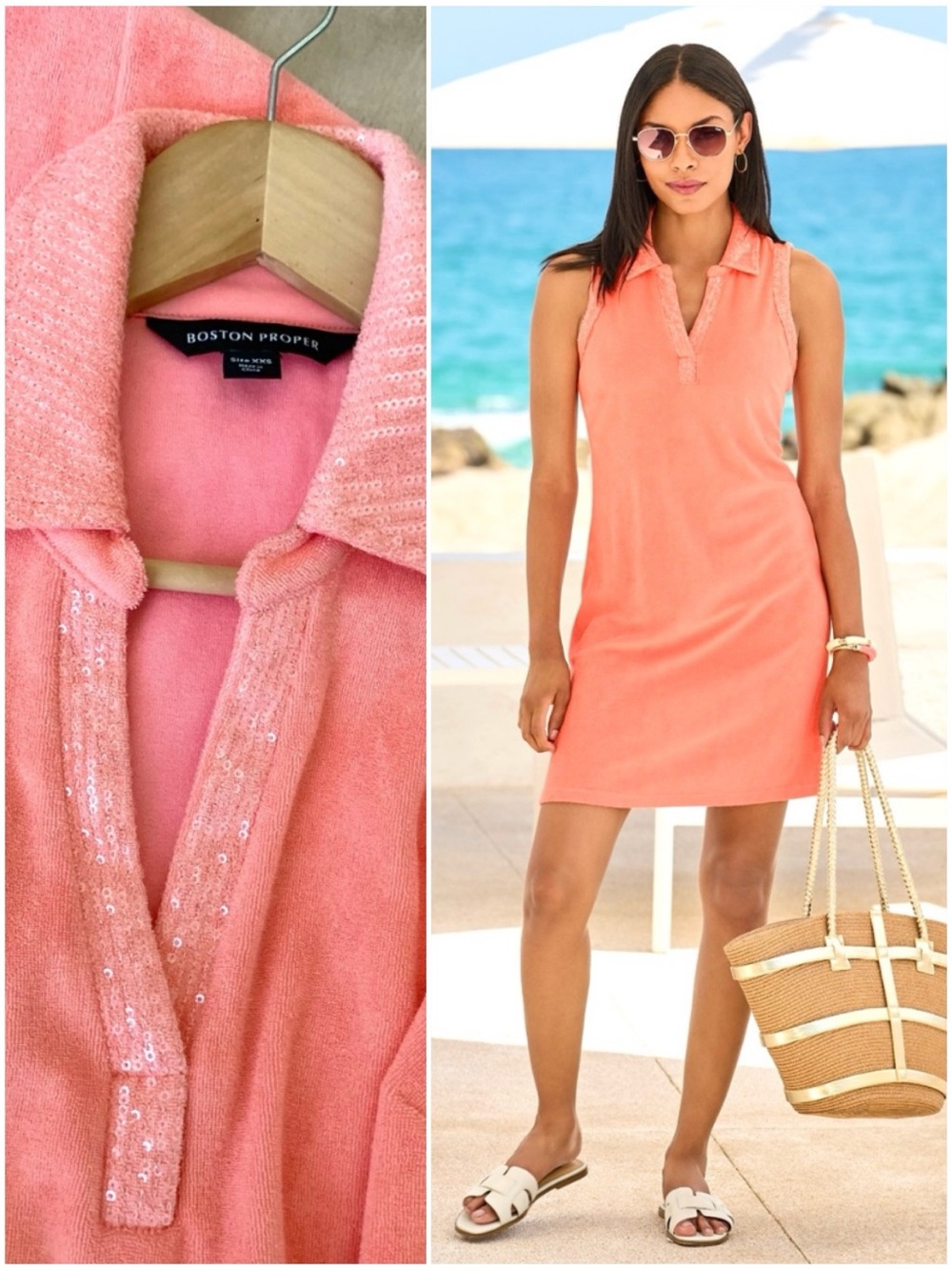 Boston Proper Beach Terry Collared Sequin Trim summer Dress Coral Pink
